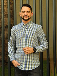 Camisa Ralph Lauren Masculina Manga Longa Custom Fit Xadrez Pequeno Amarelo C/ Azul Pony Bic