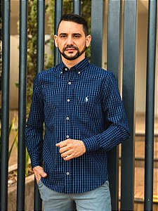 Camisa Ralph Lauren Masculina Manga Longa Custom Fit Xadrez Europeu Azul Marinho Pony Azul Bebê