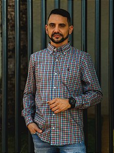 Camisa Ralph Lauren Masculina Manga Longa Custom Fit Xadrez Madras Rainbow Pony Azul Marinho