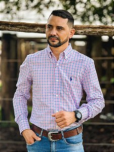 Camisa Ralph Lauren Masculina Manga Longa Custom Fit Xadrez Madras Rosa Pony Azul Bic