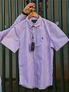 Camisa Ralph Lauren Masculina Manga Curta Custom Fit Xadrez Madras Rosa Pony Azul Bic