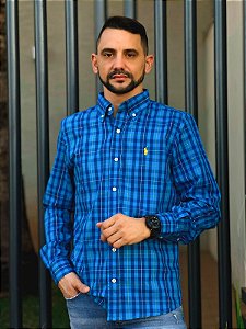Camisa Ralph Lauren Masculina Manga Longa Custom Fit Xadrez Madras Azul Pony Amarelo