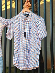 Camisa Ralph Lauren Masculina Manga Curta Custom Fit Xadrez Madras Laranja Pony Azul Bic