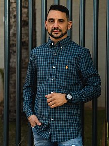 Camisa Ralph Lauren Masculina Manga Longa Custom Fit Xadrez Espaçado Preta Pony Laranja