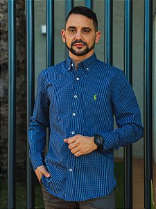 Camisa Ralph Lauren Masculina Custom Fit Micro Xadrez Azul Oxford Pony Verde Lima
