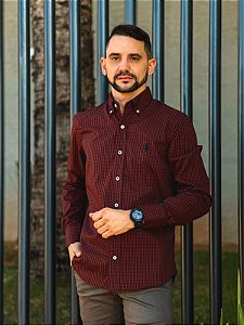 Camisa Ralph Lauren Masculina Custom Fit Micro Xadrez Vermelho Rubi Pony Preto