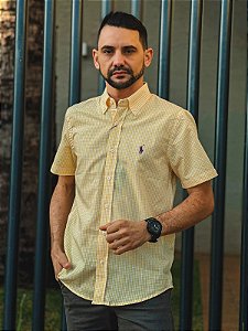 Camisa Ralph Lauren Masculina Manga Curta Custom Fit Micro Xadrez Amarela Pony Roxo