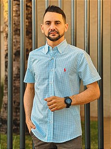 Camisa Ralph Lauren Masculina Manga Curta Custom Fit Micro Xadrez Azul Piscina Pony Salmão