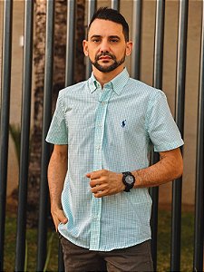 Camisa Ralph Lauren Masculina Manga Curta Custom Fit Micro Xadrez Verde Água Pony Azul Bic