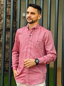 Camisa Tommy Hilfiger Manga Longa Custom Fit Oxfordine Vermelho Mescla Flag Tradicional
