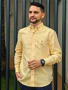 Camisa Tommy Hilfiger Manga Longa Custom Fit Oxfordine Amarela Clara Flag Tradicional