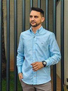 Camisa Tommy Hilfiger Manga Longa Custom Fit Oxfordine Azul Bebê Flag Tradicional