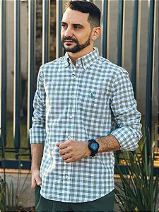 Camisa Linho Ralph Lauren Masculina Manga Longa Custom Fit Xadrez Médio Verde Menta Pony Verde Água