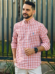 Camisa Linho Ralph Lauren Masculina Manga Longa Custom Fit Xadrez Médio Laranja Pony Azul Celeste