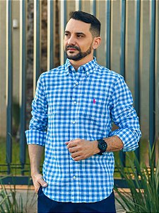 Camisa Linho Ralph Lauren Masculina Manga Longa Custom Fit Xadrez Médio Azul Celeste Pony Pink