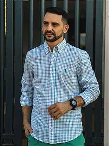 Camisa Ralph Lauren Masculina Manga Longa Custom Fit Xadrez Madras Verde Água/Lilás Pony Verde Água