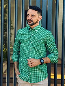 Camisa Ralph Lauren Masculina Manga Longa Custom Fit Xadrez Quadros Verde Trevo Pony Verde Água