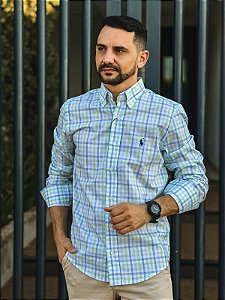 Camisa Ralph Lauren Masculina Manga Longa Custom Fit Xadrez Madras Verde Lima/Azul Pony Azul Bic