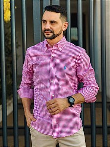 Camisa Ralph Lauren Masculina Manga Longa Custom Fit Xadrez Pequeno Rosa Pink Pony Azul Celeste