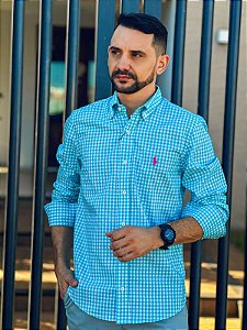 Camisa Ralph Lauren Masculina Manga Longa Custom Fit Xadrez Pequeno Azul Piscina Pony Pink