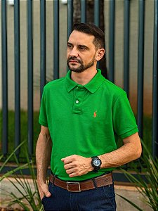 Camisa Polo Ralph Lauren Masculina Custom Fit Verde Seleção Pony Laranja