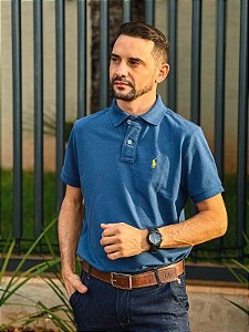 Camisa Polo Ralph Lauren Masculina Custom Fit Azul Petróleo Pony Amarelo