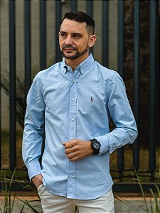 Camisa Ralph Lauren Manga Longa Oxford Azul Claro Pony Colorido