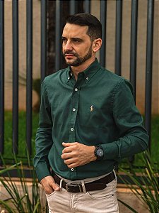 Camisa Ralph Lauren Manga Longa Oxford Verde Musgo Pony Colorido