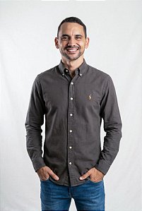 Camisa Ralph Lauren Manga Longa Oxford Cinza Chumbo Pony Colorido