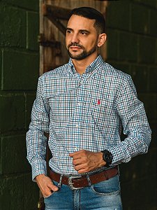 Camisa Ralph Lauren Masculina Manga Longa Custom Fit Xadrez Madras Azul Céu/Azul Marinho Pony Pink