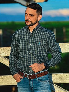 Camisa Ralph Lauren Masculina Manga Longa Custom Fit Xadrez Espaçado Preta C/ Verde Pony Azul Celeste