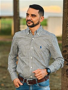 Camisa Ralph Lauren Masculina Manga Longa Custom Fit Xadrez Pequeno Verde Musgo Pony Azul Bic