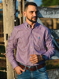 Camisa Ralph Lauren Masculina Manga Longa Custom Fit Xadrez Pequeno Roxa Pony Azul Celeste