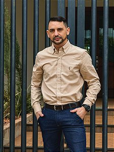 Camisa Ralph Lauren Manga Longa Oxford Bege Pony Colorido