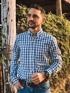 Camisa Ralph Lauren Masculina Manga Longa Custom Fit Xadrez Madras Azul Royal Pony Pink