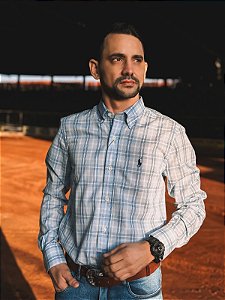Camisa Ralph Lauren Masculina Manga Longa Custom Fit Xadrez Madras Azul Bebê Pony Azul Marinho