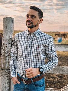 Camisa Ralph Lauren Masculina Manga Longa Custom Fit Xadrez Madras Azul Marinho Pony Rubi