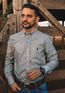 Camisa Ralph Lauren Masculina Manga Longa Custom Fit Xadrez Madras Salmão/Verde Pony Preto