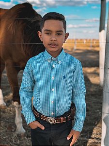 Camisa Ralph Lauren Infantil Manga Longa Micro Xadrez Verde Pony Azul Bic