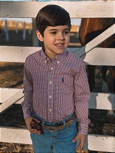 Camisa Ralph Lauren Infantil Manga Longa Micro Xadrez Vermelha Rubi Pony Azul Bic