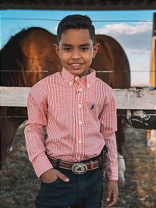 Camisa Ralph Lauren Infantil Manga Longa Micro Xadrez Laranja Pony Azul Bic