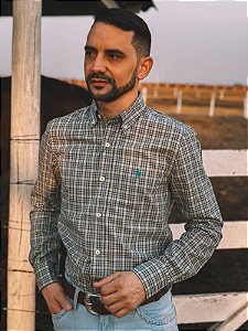 Camisa Ralph Lauren Masculina Manga Longa Custom Fit Xadrez Madras Verde Água/Cinza Pony Verde Água