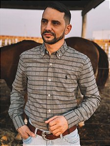 Camisa Ralph Lauren Masculina Manga Longa Custom Fit Xadrez Quadros Cinza Pony Preto
