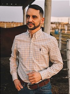 Camisa Ralph Lauren Masculina Manga Longa Custom Fit Xadrez Madras Amarela Pony Chumbo