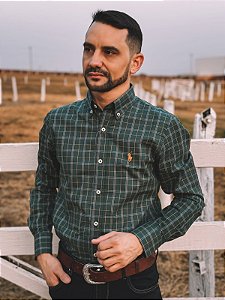 Camisa Ralph Lauren Masculina Manga Longa Custom Fit Xadrez Madras Verde Militar Pony Laranja