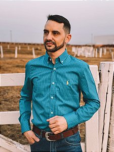Camisa Ralph Lauren Manga Longa Micro Xadrez Azul Piscina Pony Amarelo