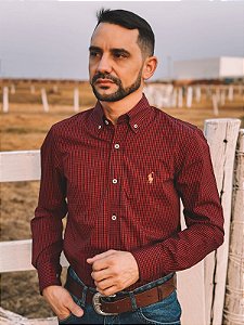 Camisa Ralph Lauren Manga Longa Micro Xadrez Vermelha Rubi Pony Laranja
