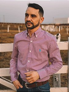 Camisa Ralph Lauren Manga Longa Micro Xadrez Roxa Pony Azul Celeste