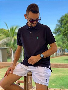 Camisa Polo Ralph Lauren Masculina Custom Fit Azul Noite Pony Verde