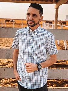 Camisa Ralph Lauren Masculina Manga Curta Custom Fit Xadrez Madras Azul/Verde Lima Pony Rubi